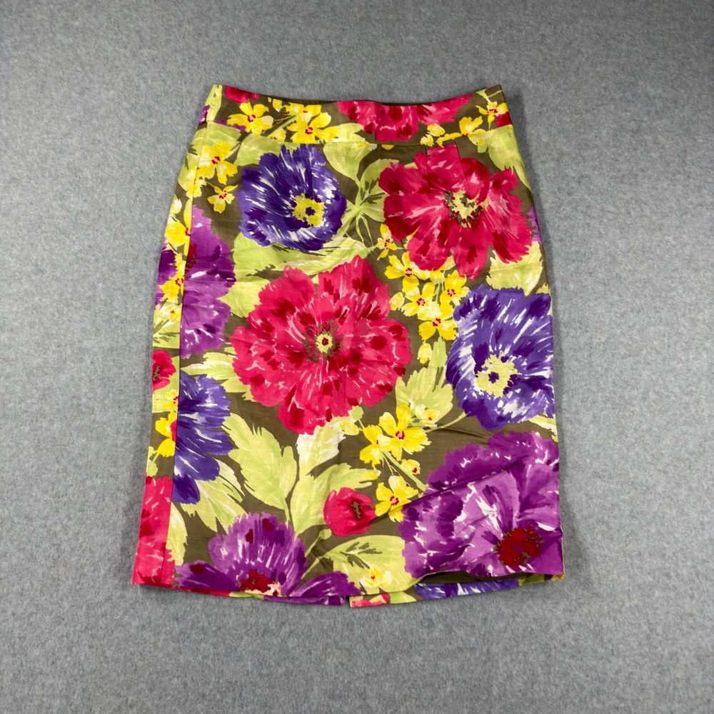 Banana Republic Womens Sz 2 Floral Pencil Skirt Pink Purple Green Linen Blend